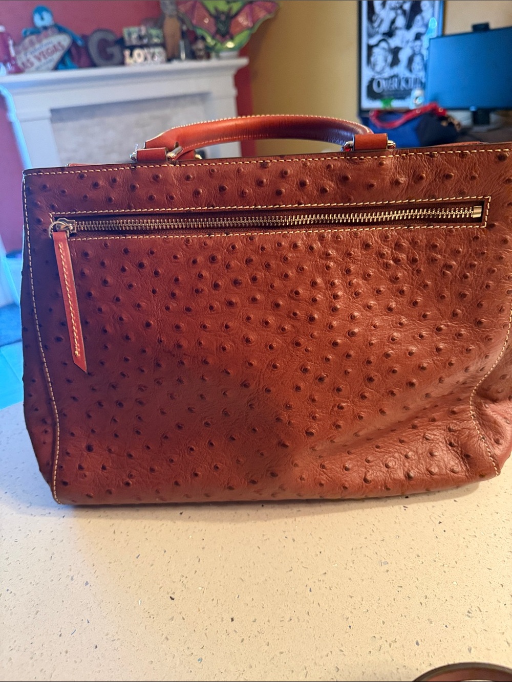Dooney & Bourke Brown Ostrich-Texture Leather Satchel with Removable Strap - Picture 8 of 10